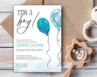 It's A Baby Boy Sprinkle, Baby Sprinkle Invite, Sprinkle Invitation, Blue Baby Sprinkle, Boy Baby Sprinkle, Balloons Sprinkle Invite Boy