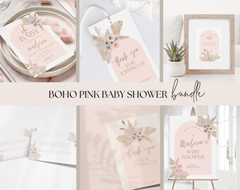 Könnte beinhalten: Ein Set mit druckbaren Babyparty-Dekorationen im Boho-Pink-Stil. Das Set enthält ein Willkommens-Schild, Dankeskarten und ein Schild für die Windel-Tombola. Die Designs haben einen rosafarbenen Hintergrund mit floralen und Blatt-Illustrationen.