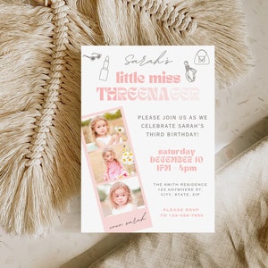 3rd Birthday Invitation Girl, Little Miss Threenager Invitations, Third Birthday Invitation, Threenager Editable Invitation, 3rd Bday Invite
