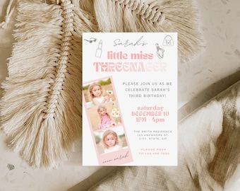 Invitación de cumpleaños de la Pequeña Señorita de Tres Años: Fiesta de cumpleaños editable (Plantilla de 13x18 cm con descarga digital)