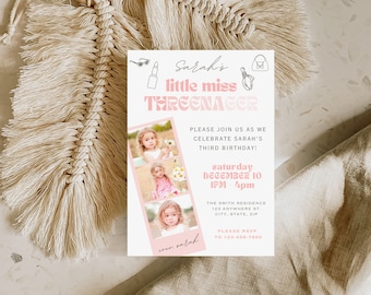 3rd Birthday Invitation Girl, Little Miss Threenager Invitations, Third Birthday Invitation, Threenager Editable Invitation, 3rd Bday Invite