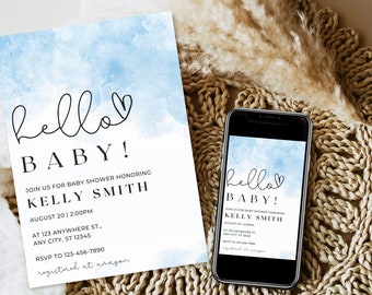 May include: A blue and white baby shower invitation with the text "hello baby!" and a heart. The invitation includes the name "Kelly Smith" and details for the event, including the date, time, location, and RSVP information.