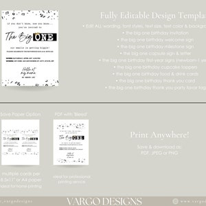 K&ouml;nnte beinhalten: Eine druckbare Designvorlage f&uuml;r eine erste Geburtstagsparty. Das Design zeigt ein schwarz-wei&szlig;es Muster mit dem Text "The Big One". Die Vorlage ist vollst&auml;ndig editierbar und kann f&uuml;r Einladungen, Willkommenszeichen, Meilensteinzeichen, Cupcake-Topper, Essen- und Getr&auml;nkekarten, Dankeskarten und Partygeschenkanh&auml;nger verwendet werden.