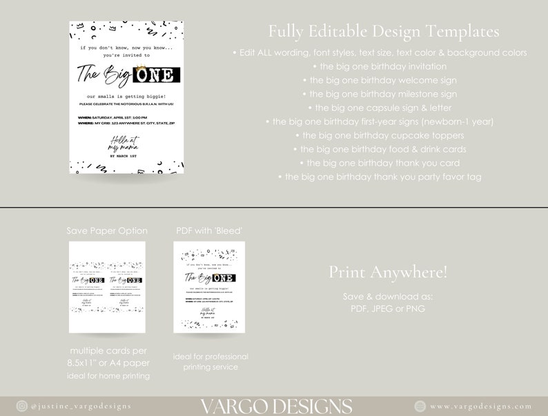 K&ouml;nnte beinhalten: Eine druckbare Designvorlage f&uuml;r eine erste Geburtstagsparty. Das Design zeigt ein schwarz-wei&szlig;es Muster mit dem Text "The Big One". Die Vorlage ist vollst&auml;ndig editierbar und kann f&uuml;r Einladungen, Willkommenszeichen, Meilensteinzeichen, Cupcake-Topper, Essen- und Getr&auml;nkekarten, Dankeskarten und Partygeschenkanh&auml;nger verwendet werden.