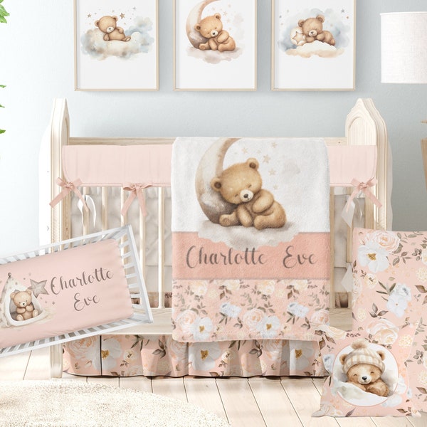 Crib Bedding Set Girl, Teddy Bear Baby Girl Nursery, Peach Floral Personalized Crib Set, Soft Minky Blanket, Baby Name Sheet, Shower Gift