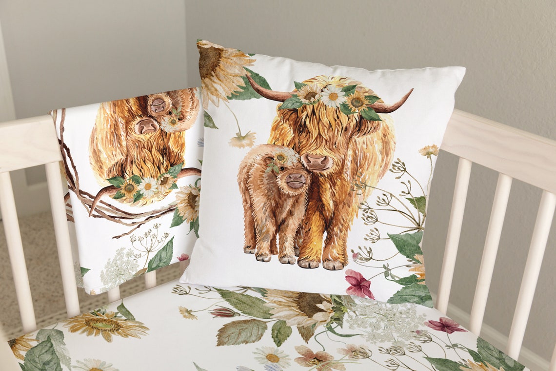 Baby Girl Floral Crib Bedding Set Highland Cow Nursery Etsy