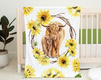 Sunflower Highland Cow Minky Baby Blanket, Toddler Blanket, Soft Farmhouse Throw Blanket