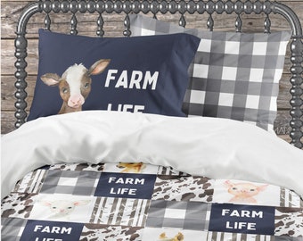 Boy Farm Bedding, Boy Bedroom, Toddler Bedding, Farm Animals Comforter and Pillowcases, Cow Print Farm Life Bedding