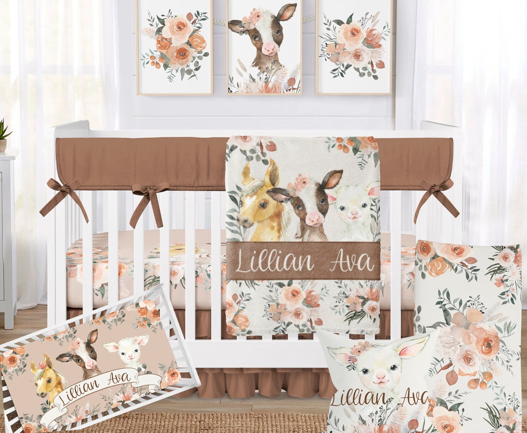 Baby Girl Farm Animal Crib Bedding Set, Cow Horse Nursery, Personalized