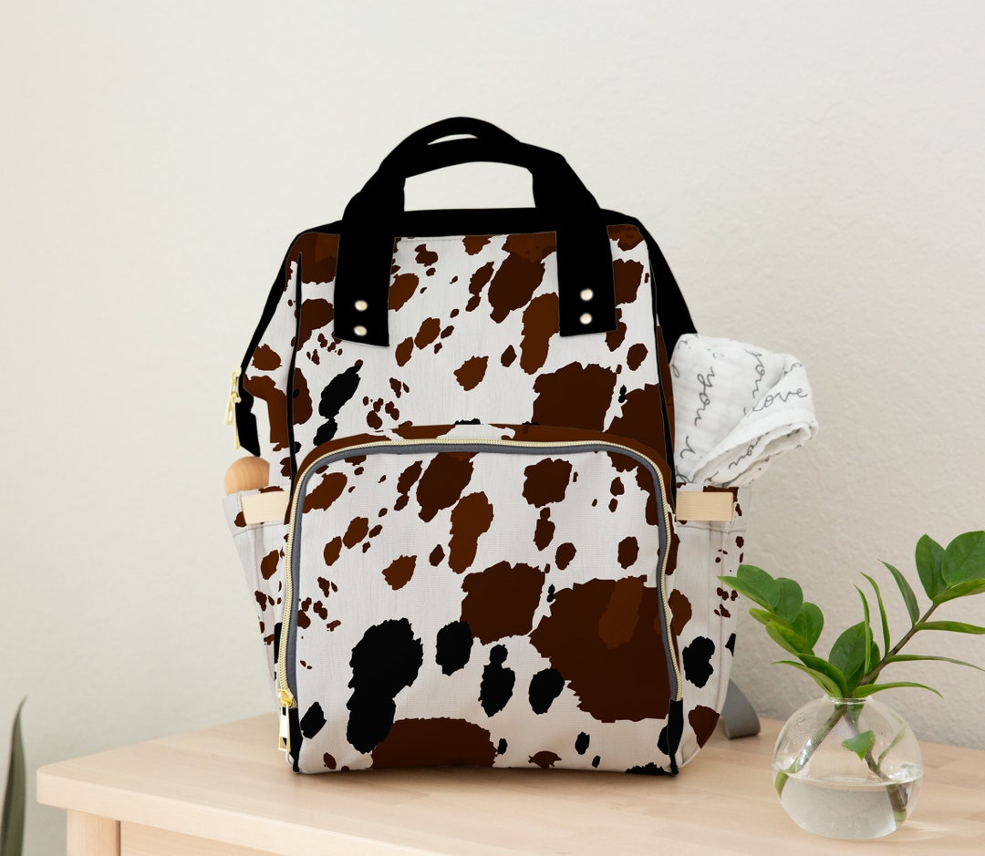 Cowhide Diaper Bag, Cow Print Diaper Bag Backpack, Black and Brown