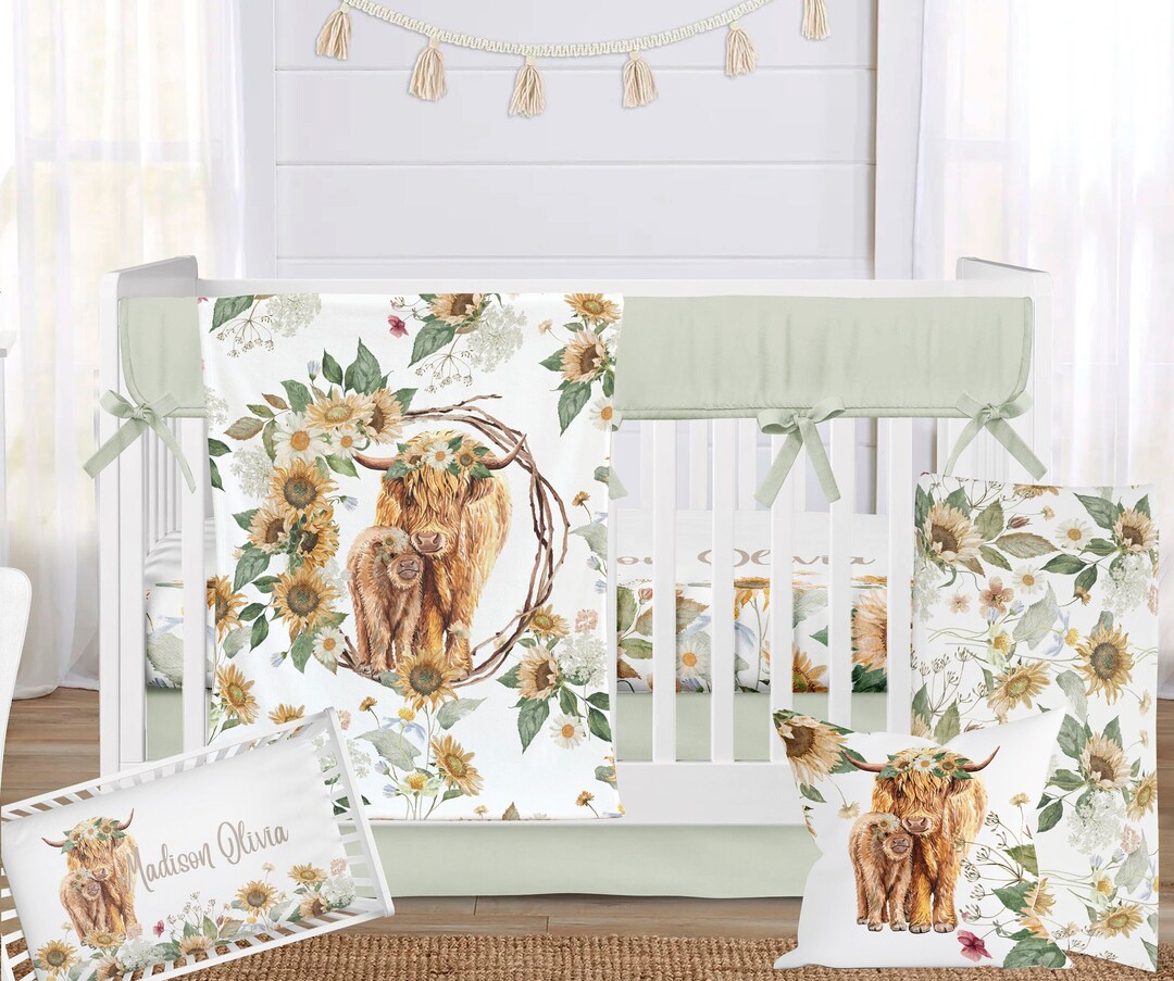 Baby Girl Floral Crib Bedding Set, Highland Cow Nursery Bedding
