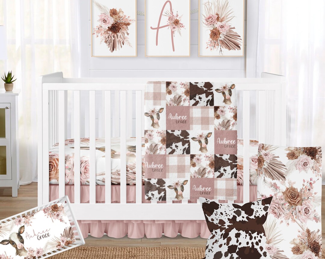 Baby Girl Crib Bedding Set, Cow Crib Bedding, Farmhouse Nursery Bedding