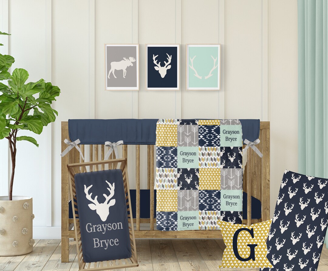 Boy Crib Bedding, Woodland Nursery Boy Crib Bedding Set, Personalized