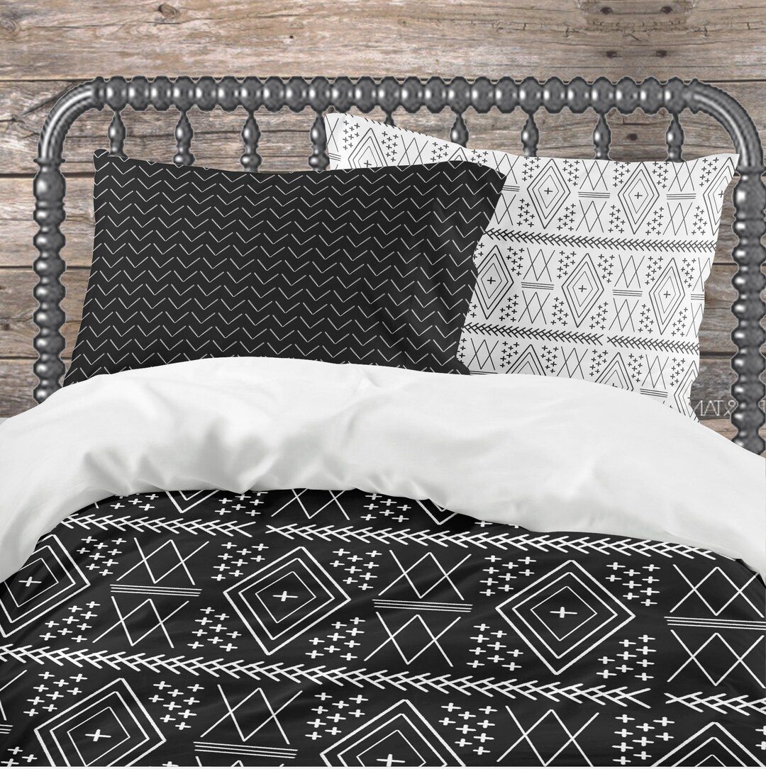 Boho Comforter, Black and White Mudcloth Twin Size Comforter, Queen