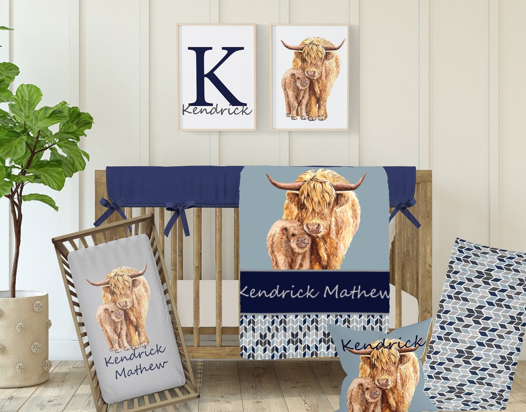 Highland Cow Nursery Boy, Baby Boy Blue Nursery Bedding, Personalized