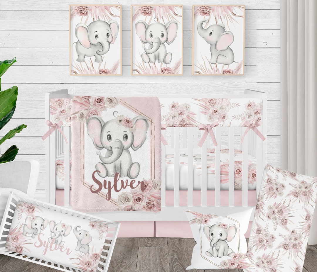 Elephant Bedding Set, Elephant Nursery Crib Bedding, Baby Girl Pink