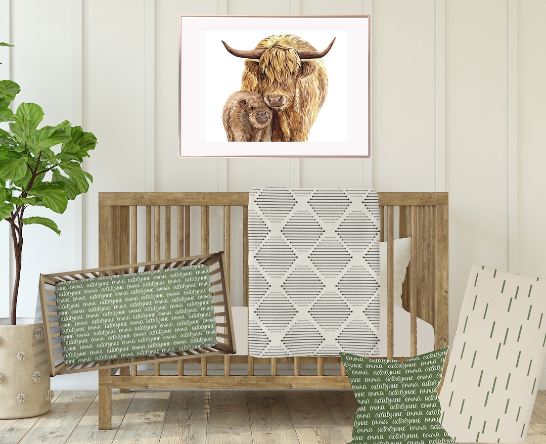 Crib Bedding Set Personalized, Green Baby Bedding Neutral Boho, Baby