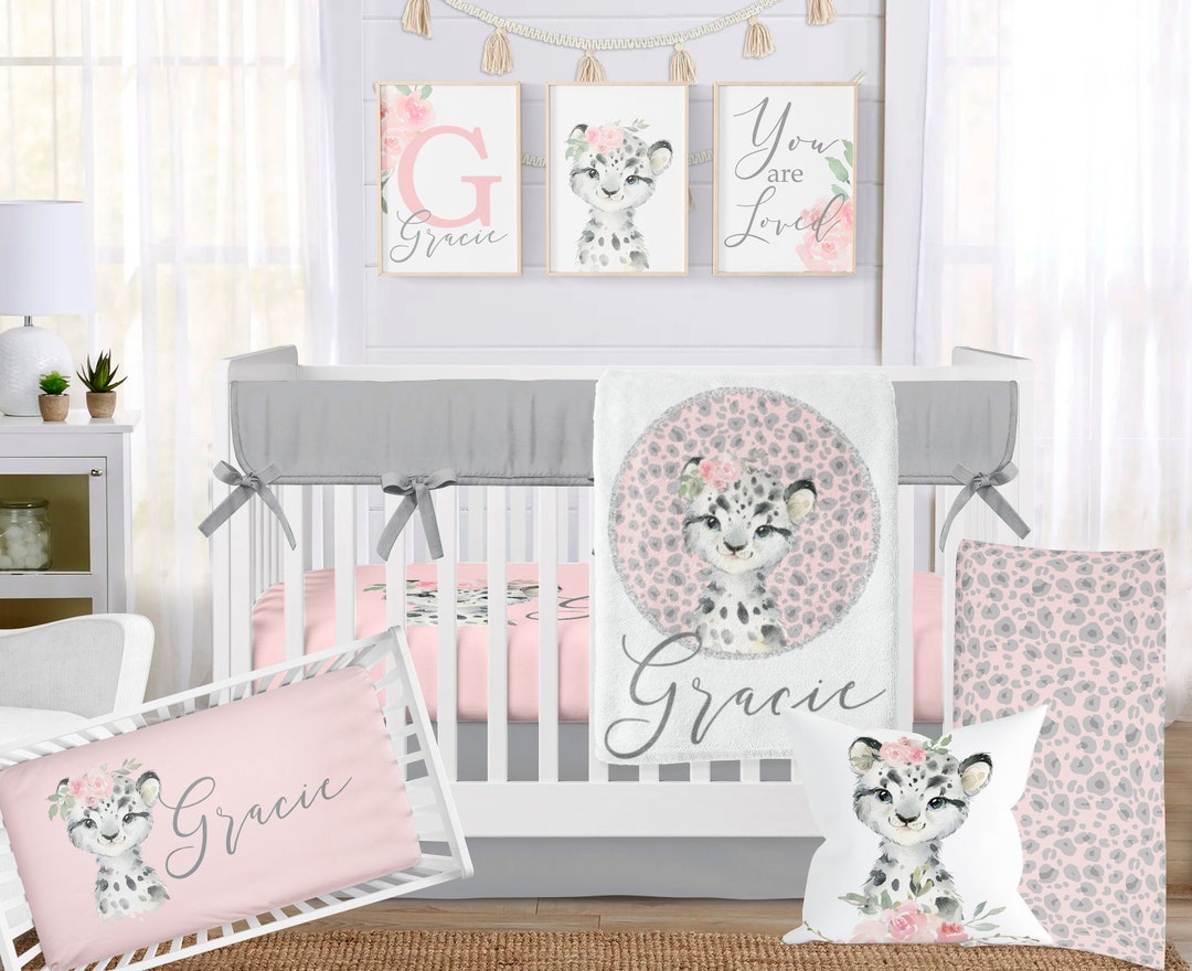 Leopard Baby Bedding Set, Baby Girl Crib Bedding, Personalized Snow