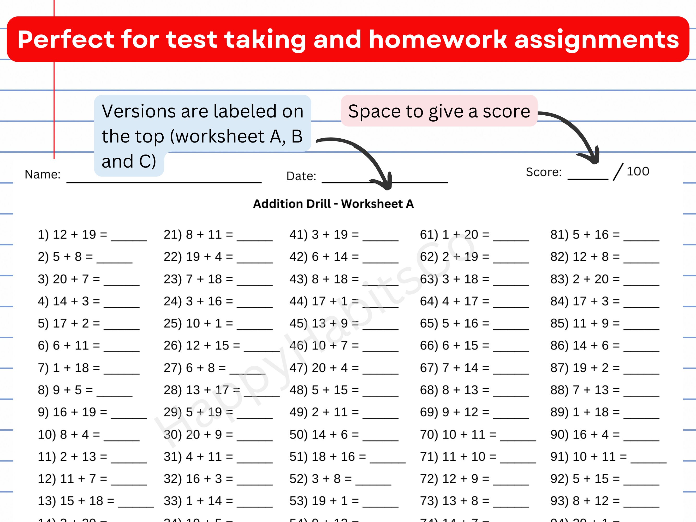 Addition Math Homework Worksheets 100 Questions Numbers 1 to 20 Instant ...