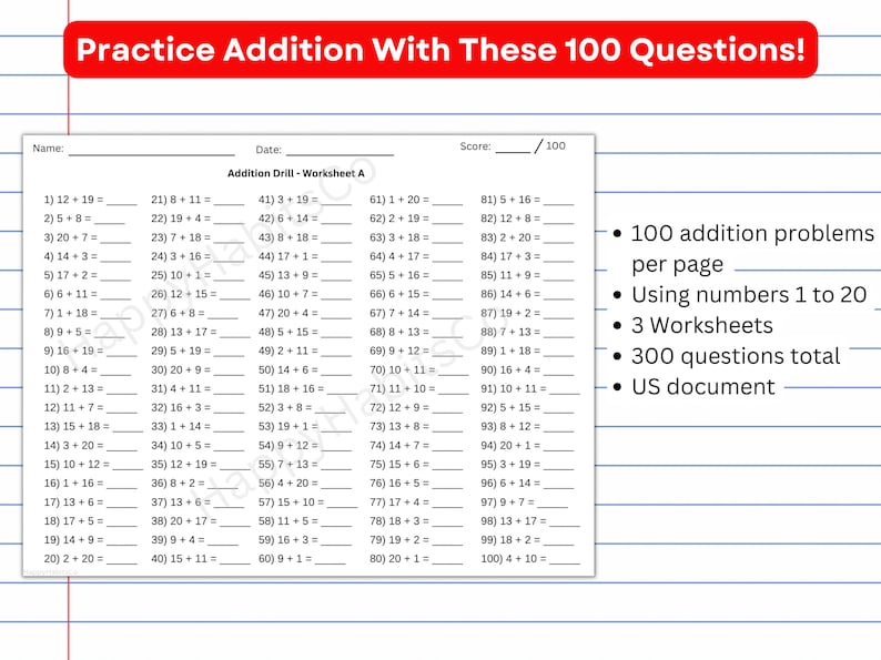 Math Question Numbers Addition Math Homework Worksheets 100 Questions Numbers 1 to 20 Instant ...