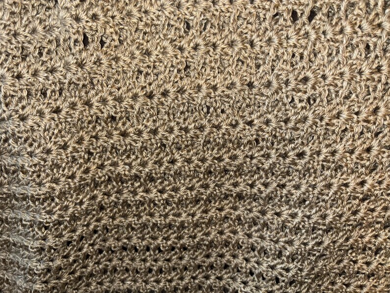 May include: Close-up of a crocheted fabric with a textured, starburst pattern. The yarn is a neutral, light brown color, creating a warm and inviting aesthetic. The detailed stitching is visible throughout the image.