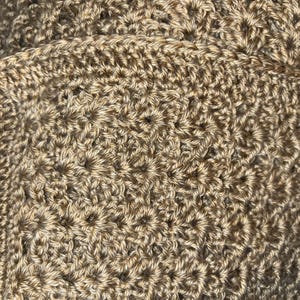 May include: Close-up of a hand-crocheted item in shades of tan and beige. The textured surface reveals a detailed stitch pattern, with a visible border. The item appears to be a blanket or shawl, showcasing the craft's intricate design.