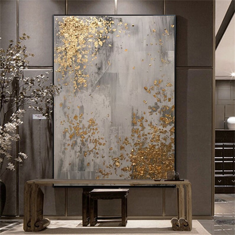 Abstract Gold Leaf Oil Painting on Canvas, Original Modern Gold Foil