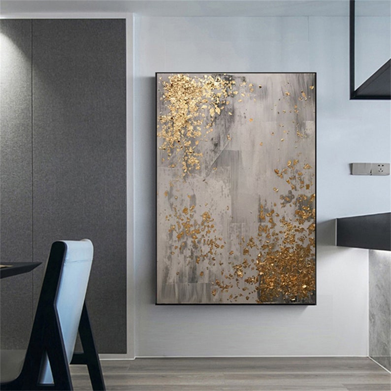 Abstract Gold Leaf Oil Painting on Canvas, Original Modern Gold Foil