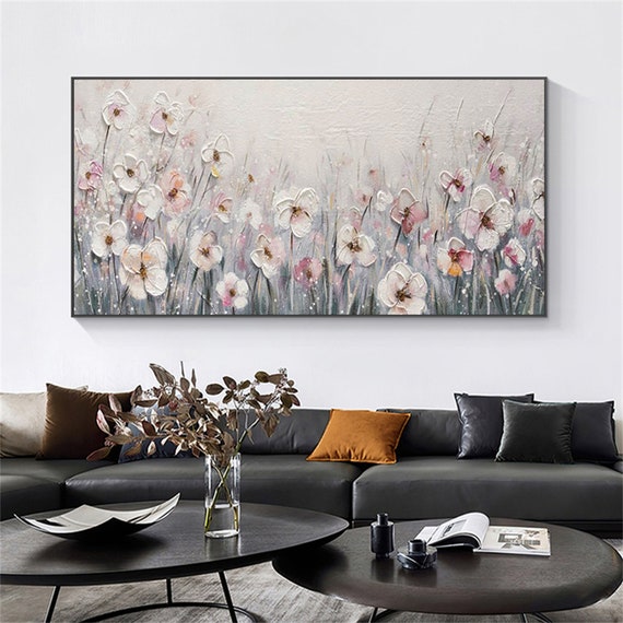 Handmade Abstract Blossom Pink Flower Oil Painting on Canvas; Large  Original Modern Textured Floral Scenery Painting Boho Wall Art Living Room  Home