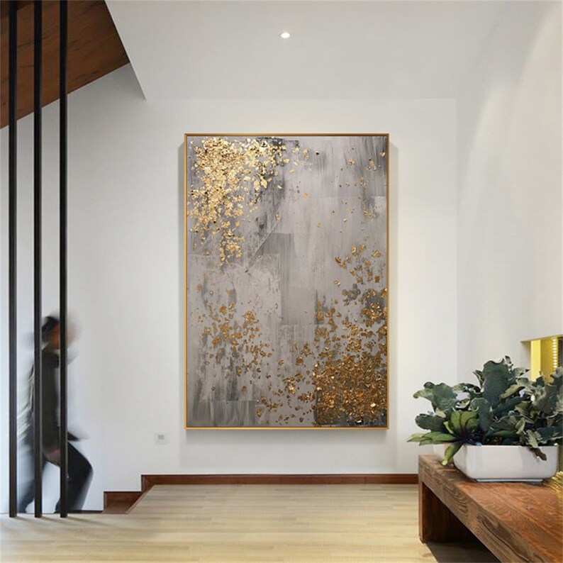 Abstract Gold Leaf Oil Painting on Canvas, Original Modern Gold Foil