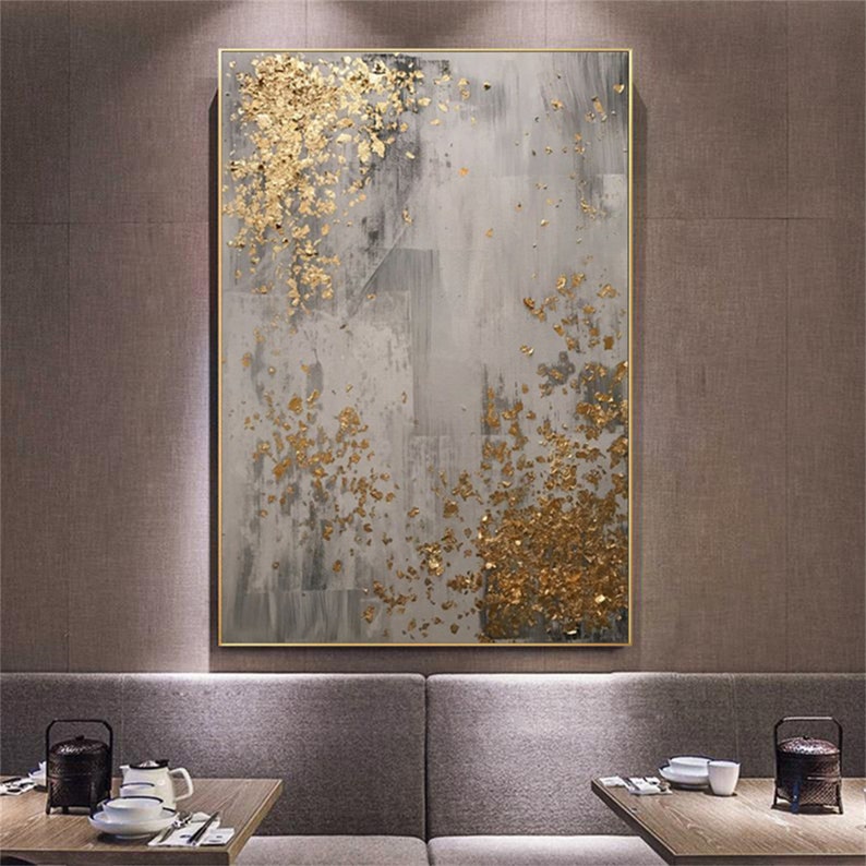 Abstract Gold Leaf Oil Painting on Canvas, Original Modern Gold Foil