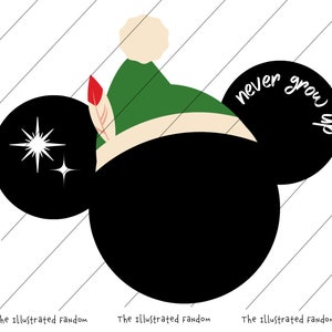 May include: A whimsical illustration featuring a black Mickey Mouse head shape with a Peter Pan-inspired design. The design includes a green hat with a feather, a star, and the words "never grow up". The text "The illustrated fandom" appears at the bottom.