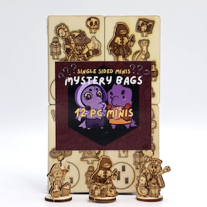 May include: A set of light-colored wooden sheets featuring laser-engraved character illustrations, overlaid with a dark purple label that reads Single Sided Minis Mystery Bags 12 Pc Minis. Three small, individual wooden character figures stand in front.