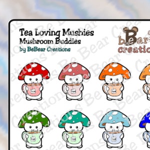 Tea Loving Mushies! Adorable mushroom character vinyl sticker sheet perfect for bullet journals, diaries, scrapbooks, accessories & more