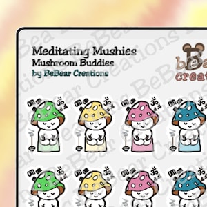 Mushies méditant mignons! Adorable feuille d'autocollants en vinyle dessinés à la main, parfaite pour les bullet journaux, les planificateurs, les albums, les accessoires et plus encore