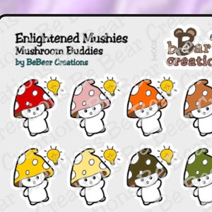 Mushies Sticker Sheet | Original Hand-Drawn Stickers, Cute Kiss-Cut Vinyl Sticker Sheet | Enlightened Mushroom Buddies | be002