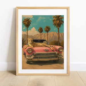 Retro Pink Cadillac Wall Art | Cheetah Desert Scene | Mid-Century Modern Digital Download | Palm Springs Vibes | Printable Boho Decor