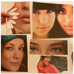 Könnte beinhalten: Collage aus Zeitschriftenausschnitten mit Nahaufnahmen von Gesichtern. Die Bilder zeigen Augen, Lippen und ganze Gesichter verschiedener Personen. Die Farbpalette ist warm, mit Tönen von Rot, Braun und Beige.