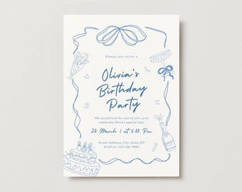 Modello di invito di compleanno modificabile / Design floreale e fiocco / Invito Canva / Download digitale