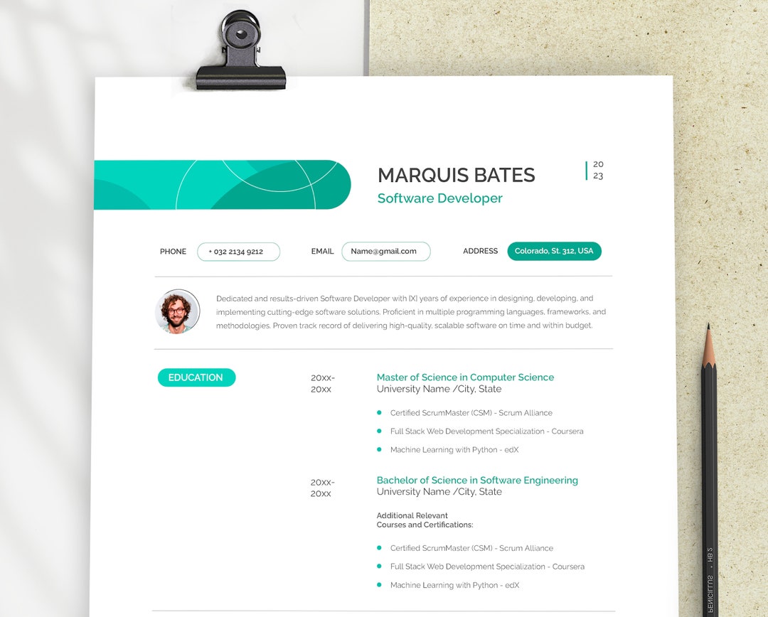 Software Developer Google Docs Resume Template With Photo, Functional ...