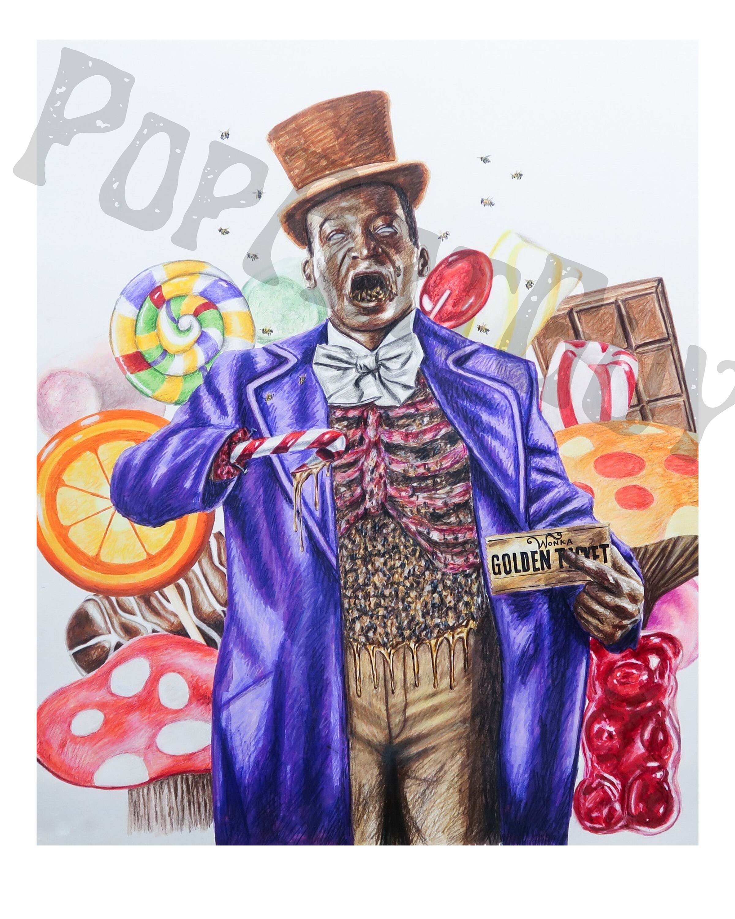 Candyman Willy Wonka Mashup, Art Print, Horror Fantasy Art, Killer Art, Cult Classic Horror Wall