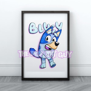 Lámina artística de Bluey, ilustraciones de dibujos animados de Bluey, ilustraciones de dibujos animados para niños