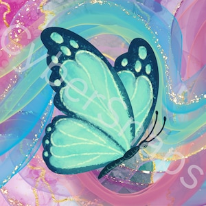 May include: A teal blue butterfly with black markings is set against a background of swirling pink, blue, and yellow watercolor with gold glitter accents.