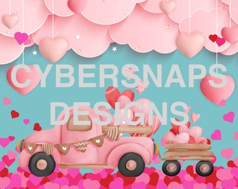 Pink Vintage Truck and Trailer with Pink & Red Hearts PNG Valentine Download for 20 Oz. Tumbler, Valentine  PNG, Valentine Instant Download