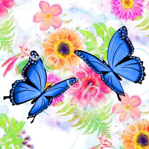 Butterfly PNG for 20 oz Tumbler, Butterfly with Flowers Design, Butterfly Sublimation Design, Blue Butterflies, Watercolor Flowers Download