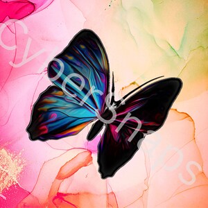 May include: A vibrant blue and black butterfly with iridescent wings against a pink and orange watercolor background.