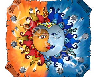 Op de afbeelding: Een gestileerde illustratie van de zon en de maan met een fantasierijk, kleurrijk ontwerp. De zon bevindt zich aan de linkerkant van de afbeelding en is afgebeeld als een helder oranje met rode en gele vlammen. De maan bevindt zich aan de rechterkant van de afbeelding en is afgebeeld als een zilveren halve maan met blauwe en groene details. Zowel de zon als de maan hebben gezichten met gesloten ogen en een kroon bovenop.