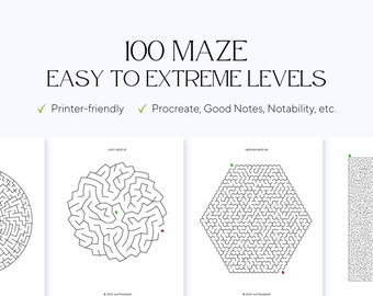 100 Maze Easy, Medium, Hard, Challenging, Extreme Levels - Adult/Kids Worksheet Activity Pages - Brain Teaser - Family Puzzle Playtime