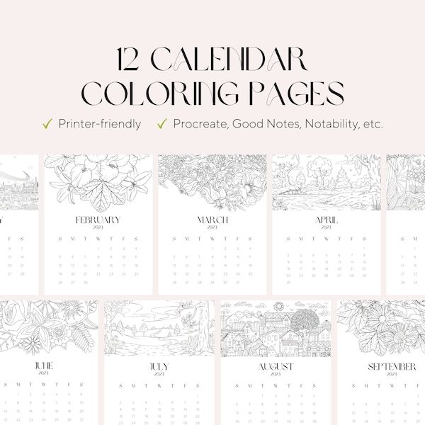 12 Monthly 2024 Calendar Coloring Pages - Adult Coloring Pages - Stress Relieve - Art Therapy - Standing Calendar