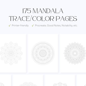 May include: A set of 175 printable mandala coloring pages. The pages are designed for use with digital drawing apps like Procreate, Good Notes, and Notability, as well as for printing.